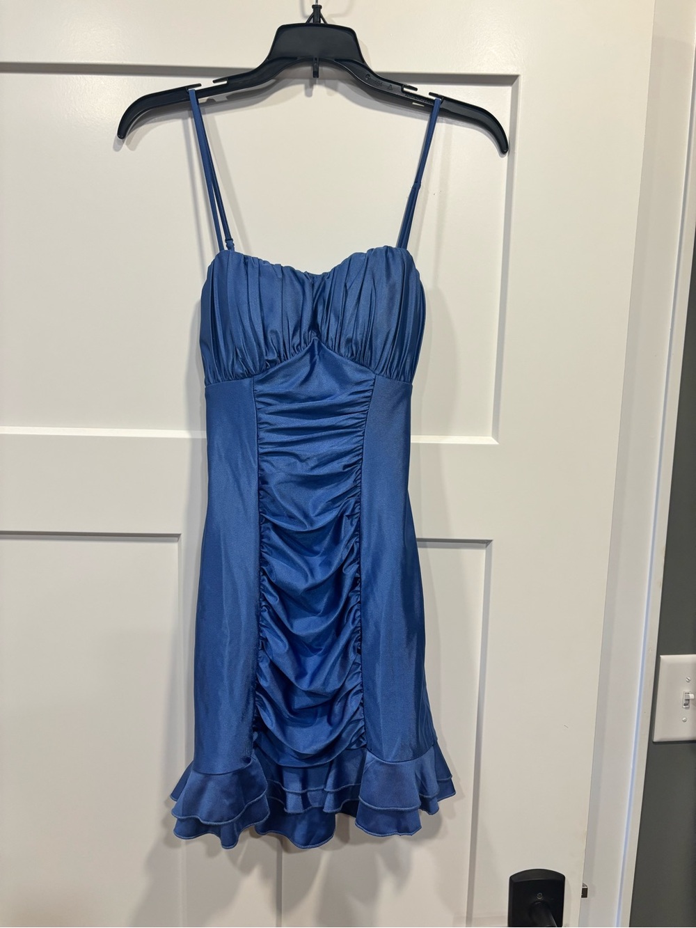 Nwt City Studios Juniors Ruched Ruffled Tie Back Body Con Mini Dress Blue Size S